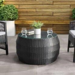 Parksville Rattan Round Patio Coffee Table - Black - CorLiving