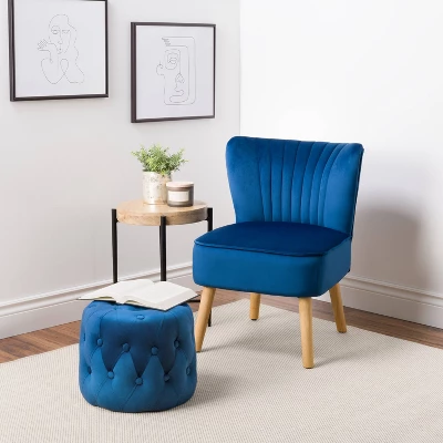 Lynwood Velvet Round Tufted Pouf Blue - CorLiving - Image 3