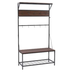 Rowan Wood Grain And Metal Hall Tree Bench And Shoe RackBrown - CorLiving