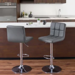 Set Of 2 Medium Back Adjustable Bonded Leather Barstool Dark Gray - CorLiving